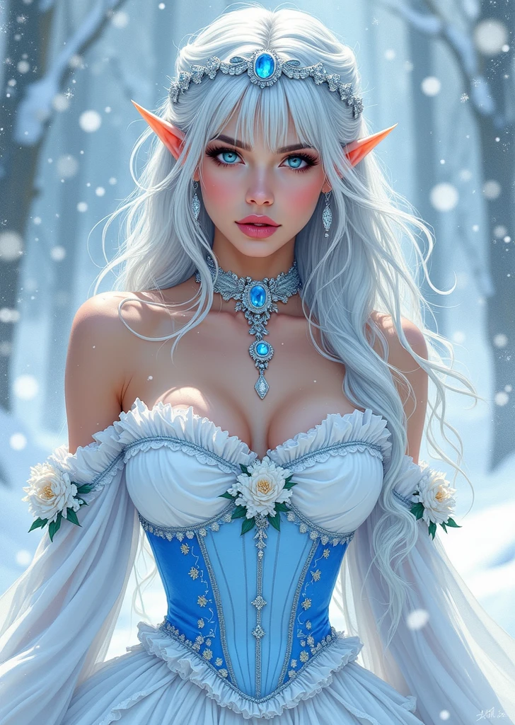 I want to be a powerful person in the shadows!,alpha,Beautiful white blonde hair,A beautiful Blue eyes,Elven ears,Beautiful white skin,Gothic dresses,Photorealsitic,An ultra-high picture quality,hightquality,masterpiece,Digital SLR,Detailed details,Intricate details,Based on anatomical grounds,Depicted in detail,Detailed face,realistic skin textures,Vivid details,perfect anatomia,perfect anatomia,Anatomically correct hand,Anatomically correct fingers,Super Detail,Complex 3D Rendering,Colossal tits,sexy pose,White gold sequin dress studded with silver,white gold rose hat,white fur coat,Gift Ribbon,Put it in a nice photo frame and display it,bright red claws,beautiful christmas scenery,mysterious snow scene,It's snowing,beautiful ilumination,Christmas tree,Picturesque beauty,Photograph the whole body,9 head body,Pink lip,Luxurious necklace,emphasize the beautiful whole body,Beautiful nails,Black bondage,Beautiful burning rose,High-leg T-back,
