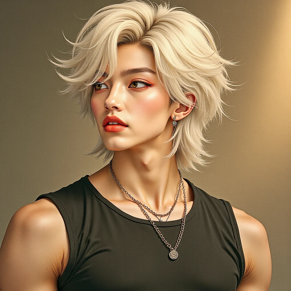 Make your hair A LITTLE BIGGER AND DENSER, WITH REALISTIC FLUIDITY, and a bit of bangs catching on the eyes. ATTRACTIVE AND  EYES. FOX EYES,  18-year-old, Looking down. A HOT K-POP KOREAN