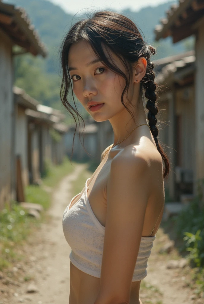 Full body portrait, play, 4K, high resolution, beautiful Japanese film, artwork that everyone wants, painterly composition, naked after a bath, voluptuous bust, skin with flawless pores reproduced, beautiful skin, dirt alley, old Japanese farming village, cute Asian woman's whole body, braids, "pigtails", flawless beautiful skin, people with beautiful skin, skin illuminated by strong fluorescent light, beautiful skin,