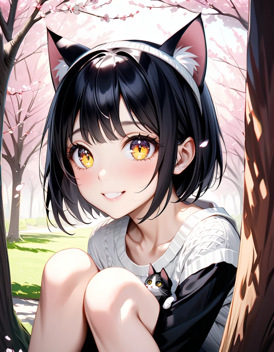 best quality, masterpiece, ultra high res, (Photorealistic:1.4), RAW photo, BREAK
((adult woman)),(((beautiful black hair,very short hair,White knitted hat with cat ears))),BREAK 1 Little Black Cat,
((cute smile)),((Sitting at the base of a large tree,knee dripping into the background)),BREAK
((long pupils like cats,Golden glowing eyes)),(fine eyes),( eye highlight),( beautiful detailed lashes:1.1),BREAK
(Black Mini Skirt Dress),BREAK
( Beautiful White Skin),詳細な肌, (Beautiful slim female figure),((small breasts)),BREAK
(((cherry blossoms in full bloom,A park with large cherry trees,Large cherry blossom tree))),BREAK