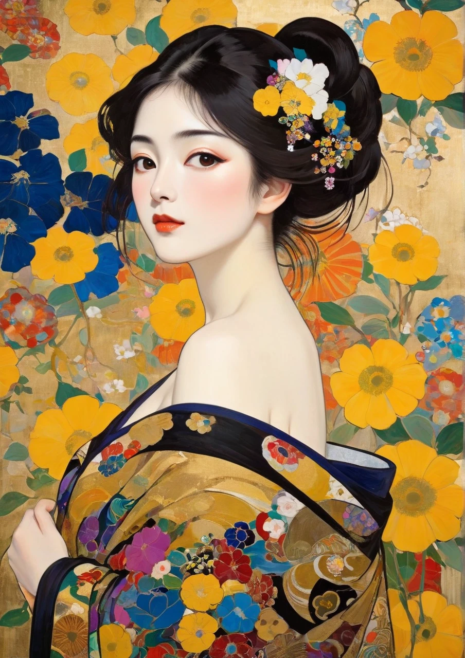 Masterpiece Japanese Painting, Klimt Style Masterpiece, flat art, Crepas painting,    abstract,  lots of flowers , looking at flat illustration, 40 years old, Off Shoulder, harf-open-eyes,,  Bold Composition ,