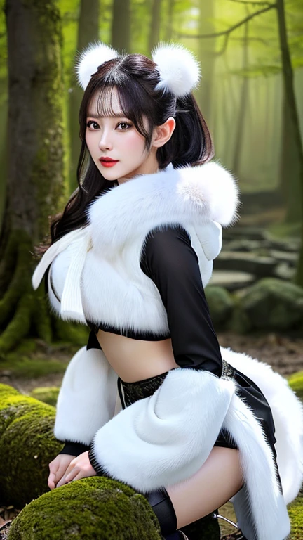 <lora:koreanDollLikeness_v15:0.66>,best quality, intricate details,ultra high res, (photorealistic:1.4), (1girl:1.2), blue eyes, white cape, dress, gloves, hood, league of legends, long hair, short dress, solo, thighhighs, deep black hair, bandages, <lora:asheFromLeagueOf_asheLolV1:0.5>, snow, looking at viewer, smiling, cute, full body, white sports bra, (yoga pants:1)