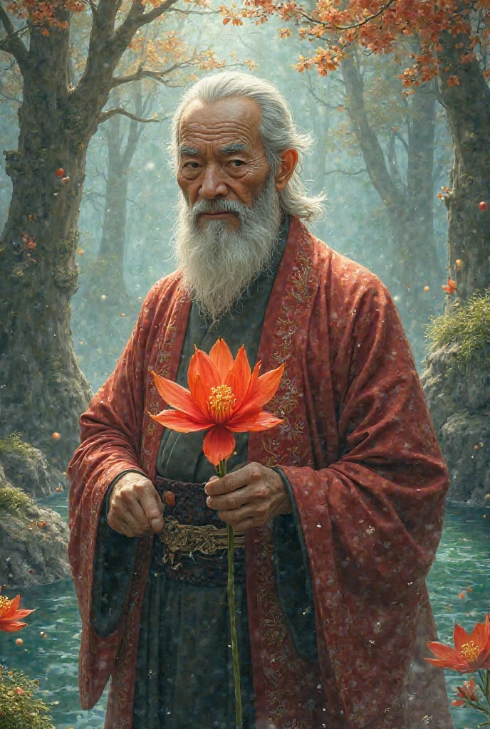 Anime grandfather on a magical island holding a scarlet flower 
