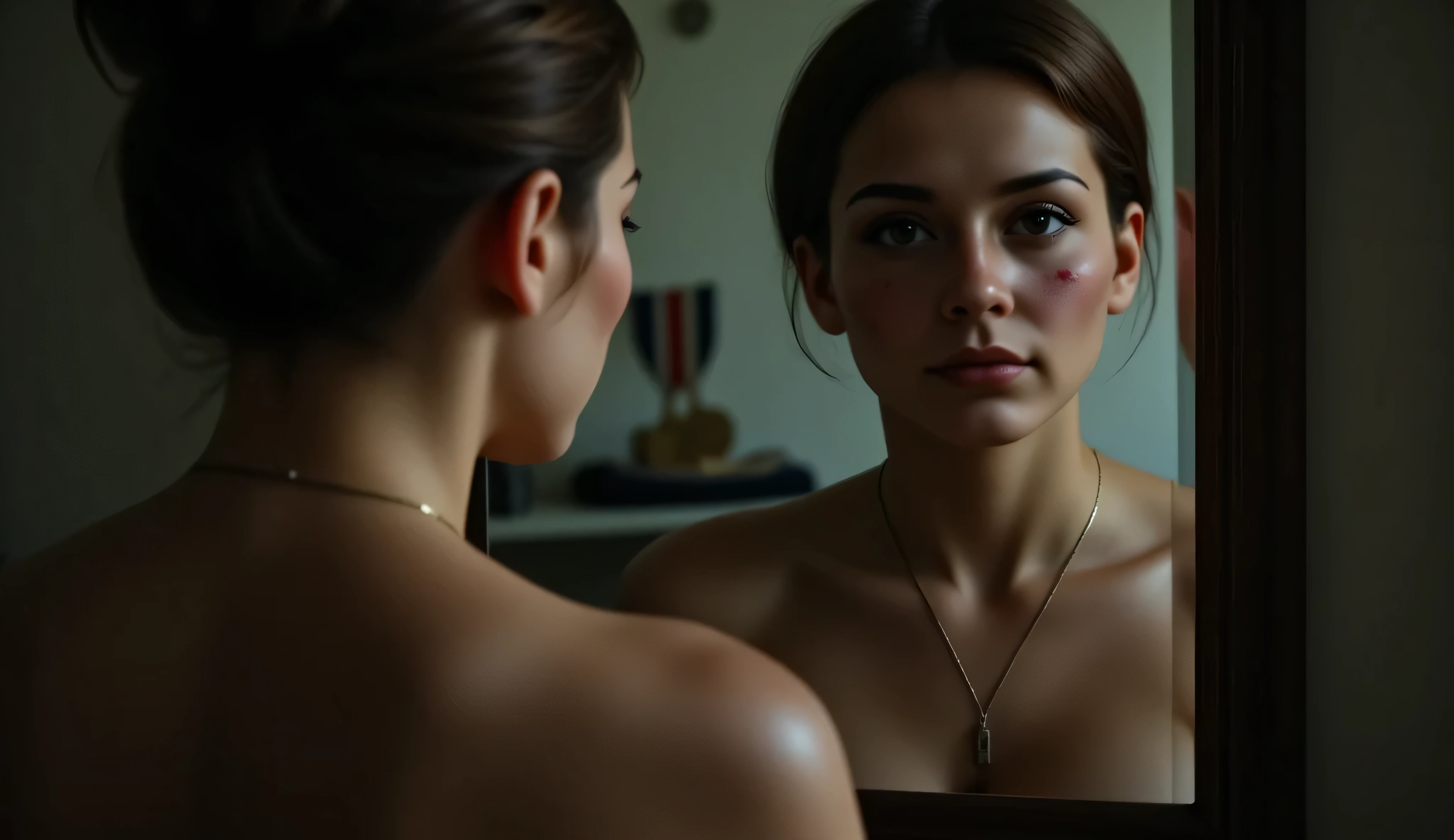 A dimly lit bathroom with a cracked mirror. A woman with visible facial scars stares at her reflection — half her face in shadow, the other half illuminated by a flickering overhead light. Her military dog tags hang loosely around her neck. In the blurred background, faded medals and a folded American flag are just barely visible on a dusty shelf. Her eyes show a mixture of pain, strength, and silent defiance. The mood is somber, introspective, and cinematic — heavy with emotion and symbolic of trauma and resilience.