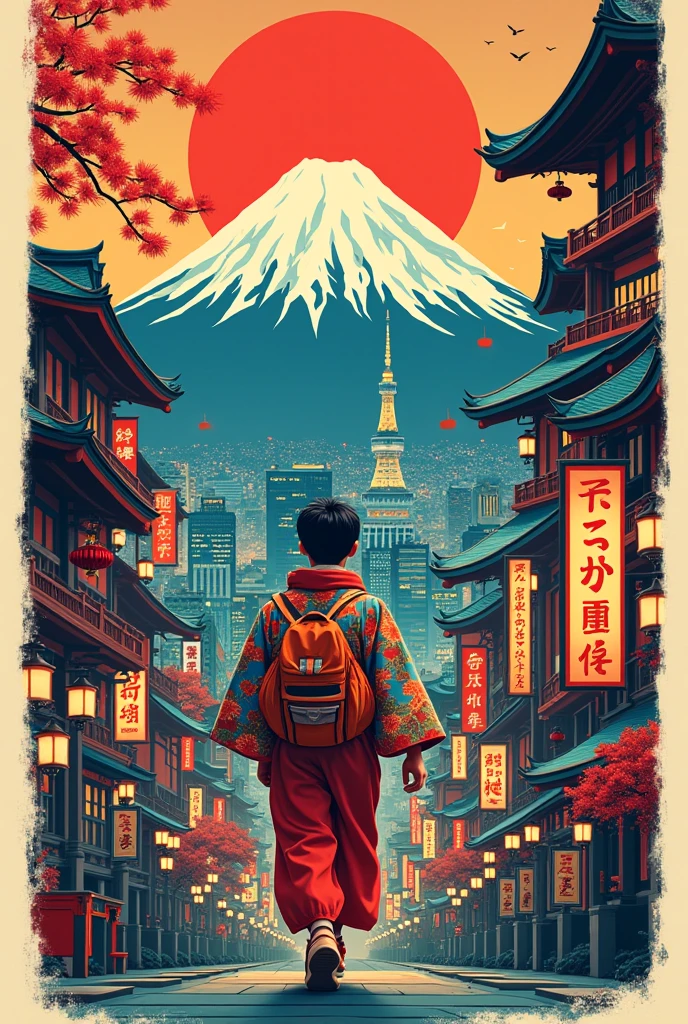 Create an image of a poster from Japan that reads ,lest go to Tokio city
