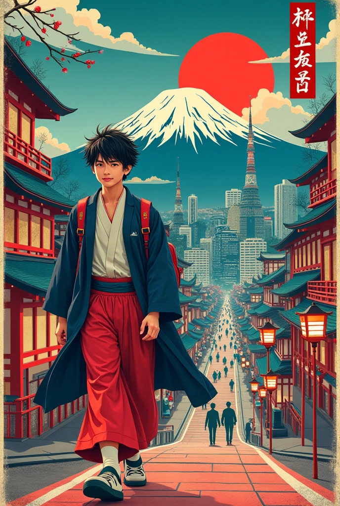 Create an image of a poster from Japan that reads ,lest go to Tokio city
