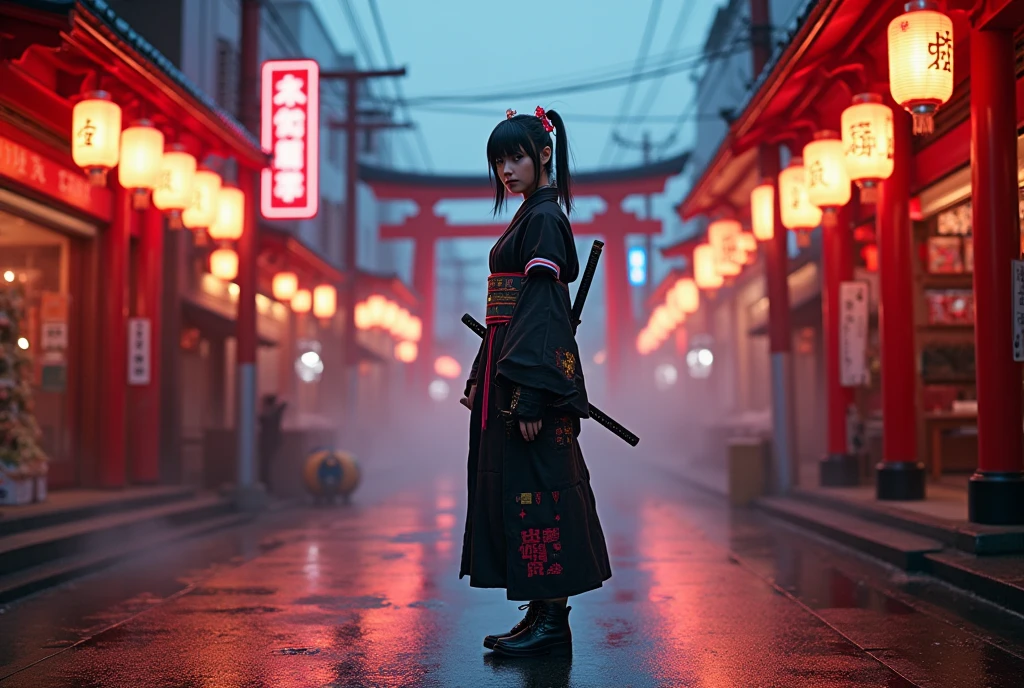 Medium full-body shot, slightly low-angle to capture dramatic presence in neon-lit street  
A Japanese girl standing confidently in the middle of a wet, neon-lit traditional street beneath glowing lanterns and towering torii gates. She wears a modernized kimono-style outfit — short-sleeved with layered textures, neon trim, and cyberpunk elements like digital embroidery, glowing obi, and metallic accessories. Her black hair is tied into twin tails with LED-lit hairpieces, and she carries a sheathed futuristic katana on her back. Her boots are armored and sleek, and her pose is calm and composed, slightly turning her head with a subtle, sharp gaze.  
Photorealistic digital art  
Ultra-high resolution, realistic skin and fabric textures, light reflection on wet pavement, soft ambient rain effect  
Inspired by Ghost in the Shell, Neo-Tokyo fashion, traditional x sci-fi fusion designs  
Background: glowing red signage, wires crisscrossing above, fog rolling in the distance, torii gate framing the central walkway, street stalls glowing in orange and pink light  
Main color theme: black, crimson red, neon blue, with gold accents  
Soft light from lanterns and street signs reflecting off metallic elements and the wet ground, subtle rim light on the girl’s silhouette  
Photorealistic, ultra detailed, cinematic sci-fi neo-Japan, HDR rendering, best image:1.5
