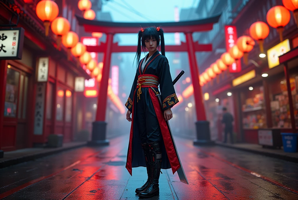 Medium full-body shot, slightly low-angle to capture dramatic presence in neon-lit street  
A Japanese girl standing confidently in the middle of a wet, neon-lit traditional street beneath glowing lanterns and towering torii gates. She wears a modernized kimono-style outfit — short-sleeved with layered textures, neon trim, and cyberpunk elements like digital embroidery, glowing obi, and metallic accessories. Her black hair is tied into twin tails with LED-lit hairpieces, and she carries a sheathed futuristic katana on her back. Her boots are armored and sleek, and her pose is calm and composed, slightly turning her head with a subtle, sharp gaze.  
Photorealistic digital art  
Ultra-high resolution, realistic skin and fabric textures, light reflection on wet pavement, soft ambient rain effect  
Inspired by Ghost in the Shell, Neo-Tokyo fashion, traditional x sci-fi fusion designs  
Background: glowing red signage, wires crisscrossing above, fog rolling in the distance, torii gate framing the central walkway, street stalls glowing in orange and pink light  
Main color theme: black, crimson red, neon blue, with gold accents  
Soft light from lanterns and street signs reflecting off metallic elements and the wet ground, subtle rim light on the girl’s silhouette  
Photorealistic, ultra detailed, cinematic sci-fi neo-Japan, HDR rendering, best image:1.5