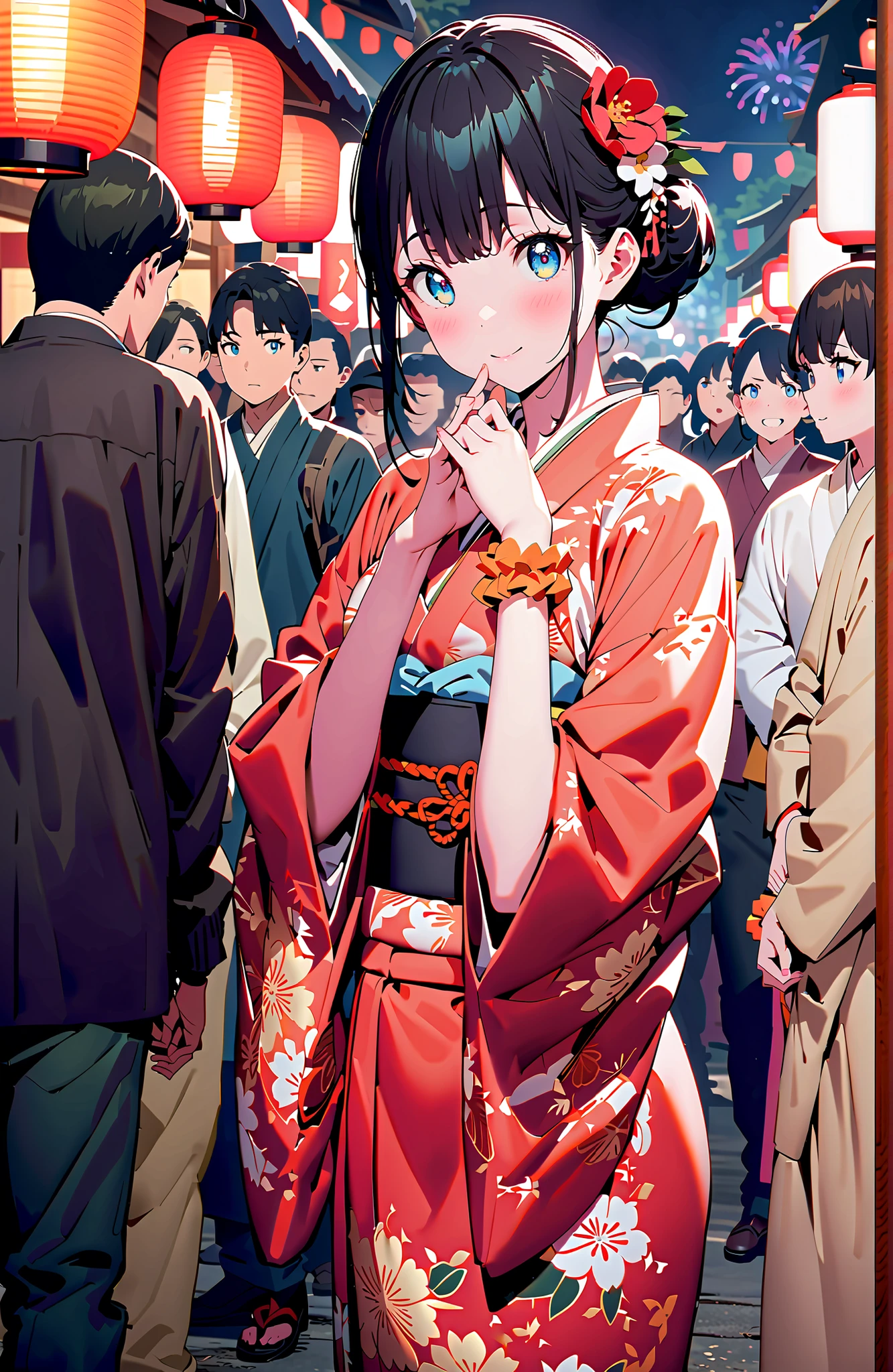It's because of Rikkata, black hair, blue eyes, Orange scrunch, Wrist Scrunches , smile,blush,close your mouth,side lock,single bun hair,Nape,flower hair ornament, red flower pattern kimono,is standing,Light up fireworks,Red Lantern,Japanese stalls ,night,crowd,holding a yellow bouquet with both arms,destroy the outdoors, Japanese Festival,
壊す looking at viewer,full body
Break (masterpiece:1.2),top quality ,Kampala,unity 8k 壁紙,(shape:0.8),( fine, beautiful eyes :1.6),It's a person ,full body photo,CG Details , (perfect hand,Complete Anatomy),