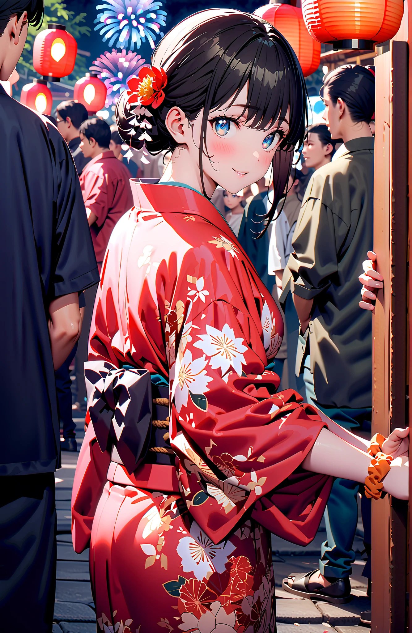 It's because of Rikkata, black hair, blue eyes, Orange scrunch, Wrist Scrunches , smile,blush,close your mouth,side lock,single bun hair,Nape,flower hair ornament, red flower pattern kimono,is standing,Light up fireworks,Red Lantern,Japanese stalls ,night,crowd,holding a yellow bouquet with both arms,destroy the outdoors, Japanese Festival,
壊す looking at viewer,full body
Break (masterpiece:1.2),top quality ,Kampala,unity 8k 壁紙,(shape:0.8),( fine, beautiful eyes :1.6),It's a person ,full body photo,CG Details , (perfect hand,Complete Anatomy),