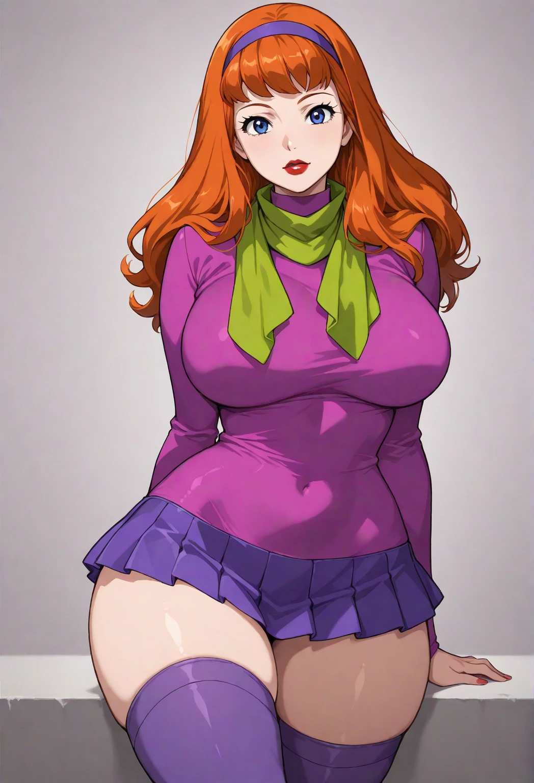 UHD 8K scene, hyper-real photo quality, beautiful young woman, red hair, bright blue eyes, short Glossy enamel pink dress with thief outfit, purple hooded cape, character Sheila from Dungeons and Dragons, in the middle of a forest,, ((thick thighs:1.2)