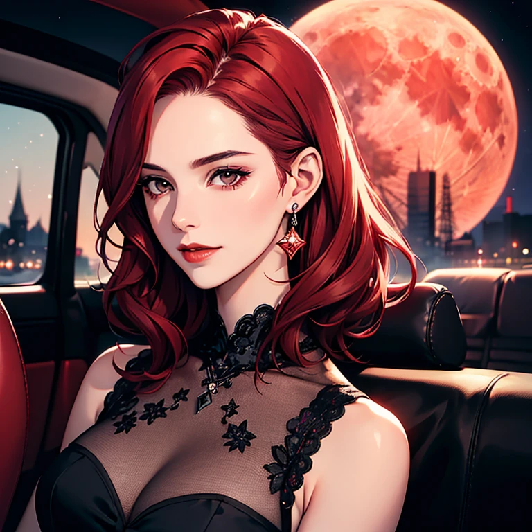 Portrait, ((vivid red hair)), mature woman, 30 years old,  features a diamond face , moon, red starry sky background, depth of field, magic, Big red lips , ((dark black eyes)) black and red long full dress, Covered chest, mysterious atmosphere,  ominous shadows ,  Intense Blue Aura , intense red aura (top quality:1.2), absurdres, intricate details, (very detailed skin:1.2), Smile Expression , pose, Tight, well-defined body, attractive.  very realistic , pale skin, beautiful in the car, surrealism, Very delicate skin, direct gaze
