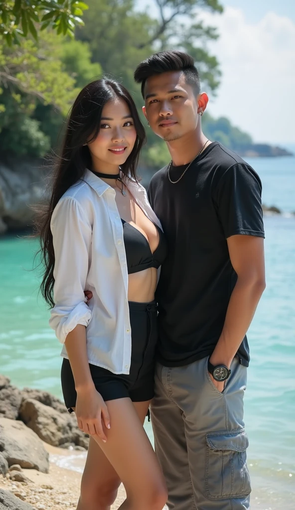 a beautiful Indonesian woman in a summer dress, short leggings, lying on the sand on the beach with a handsome Indonesian man wearing glasses, a summer dress that says"Brother Yucin",leggings.they laughed in a very romantic atmosphere.super HD realistic images