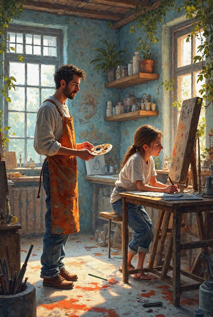 I want 2 people in a painting studio a man and a woman