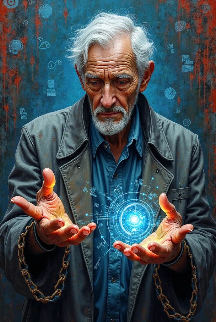 the expressionist painting of An Elderly Male Figure in a Dark Environment, surrounded by digital codices and ancient symbols floating like holograms. His face is marked by deep wrinkles and intense gaze, as if seeing beyond time. He wears a gray researcher's coat, and his hands shine with circuits that are intertwined with Mayan glyphs. The background must be chaotic but full of archaic symbols. contrasting colors: electric blue and burnt red, with aggressive brushstrokes that reflect his connection between the ancient and the technological. 