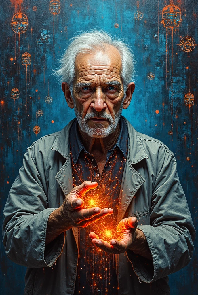 the expressionist painting of An Elderly Male Figure in a Dark Environment, surrounded by digital codices and ancient symbols floating like holograms. His face is marked by deep wrinkles and intense gaze, as if seeing beyond time. He wears a gray researcher's coat, and his hands shine with circuits that are intertwined with Mayan glyphs. The background must be chaotic but full of archaic symbols. contrasting colors: electric blue and burnt red, with aggressive brushstrokes that reflect his connection between the ancient and the technological. 