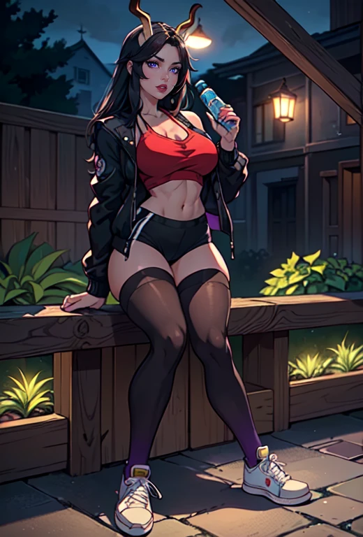 score_9, score_8_up, score_7_up, score_6_up, score_5_up, score_4_up, highest_quality, masterpiece, 1girl, black hair, red eyes, female, hourglass figure, spiky ponytail, goth, black lipstick, black crop-trop shirt, off-the-shoulder shirt, long-sleeve shirt, shoulders visible, (skull logo on shirt), denim shorts, shorts unzipped, underboob, underbutt, black thigh-high socks, thigh-high socks, B-cup breasts, minor cleavage, in dense forest, night time, full moon, foggy, high rise thong, black bikini top, bikini straps, presenting cleavage, parted lips, smiling, black choker, black rose tattoo on shoulder, toned stomach, ghostly pale skin, sitting on large rock, sitting cross-legged, leaning back, simple makeup, catwing eyeliner, front view, red converse shoes, short, pointy ears, fangs, licking fangs