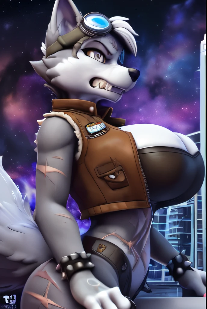 By bebebebebe, (by greasymojo:1.3), by chunie, by sonsasu, by danza, solo, 1girl, female, muscular, giant, massive, enormous, gigantic, buff, biceps, smirking, hair, cobra, snake, brown fur, white spots, white chest fur, clothed, alleyway, plants, dramatic lighting, big breasts, blue military spacesuit