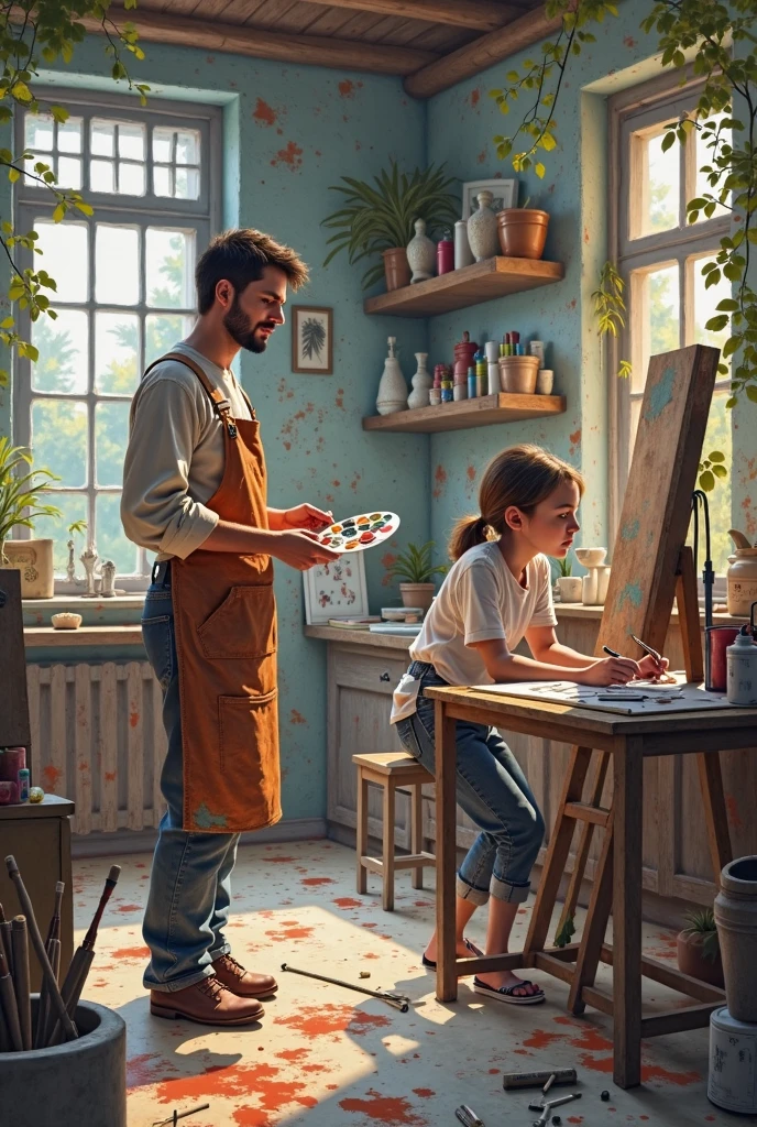 I want 2 people in a painting studio a man and a woman