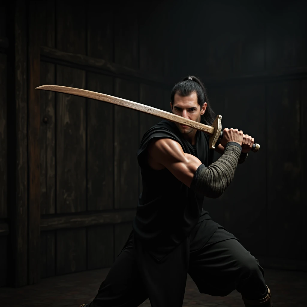 (((Shirtless mercenary holding a two-handed sword))), training, defined muscles, (((anatomically perfect))), high, ((wide shoulders)), (((three quarter pose)))