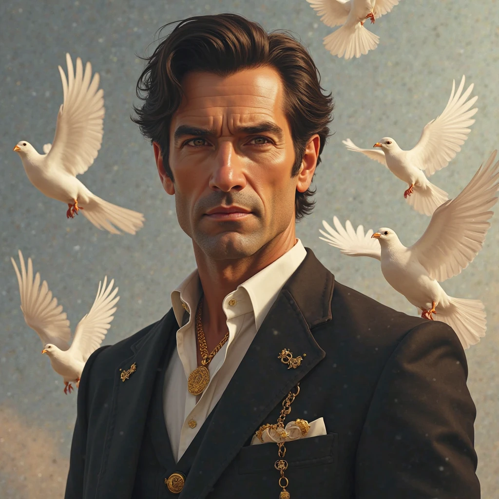 Homme dans la quarantaine, dark brown hair, yeux brun, gold accessories, Doves behind 