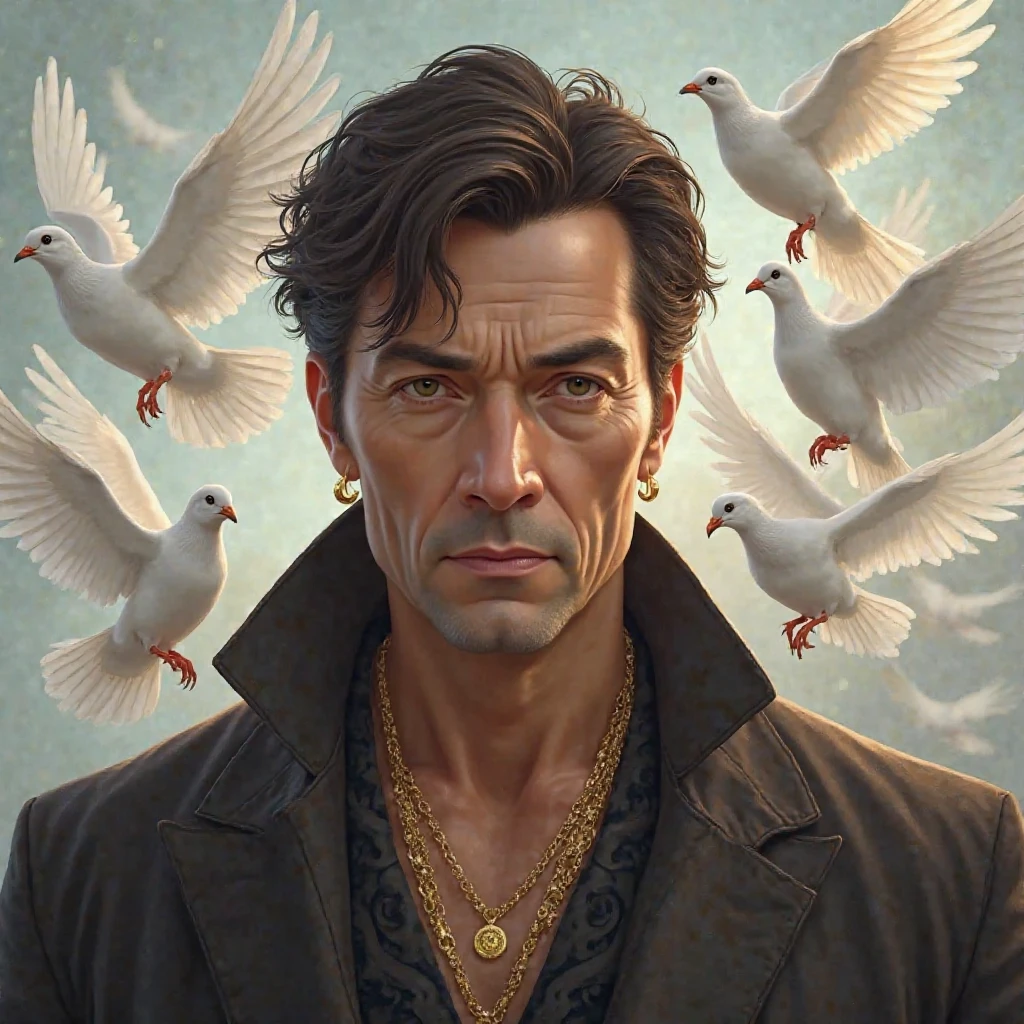 Homme dans la quarantaine, dark brown hair, yeux brun, gold accessories, Doves behind 