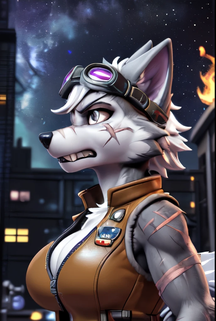 Gasket, ((Paw Patrol)), ((female solo)), domestic dog, female, adult female, brown eyes, (((gray fur)), ((gray body)), (wearing brown leather vest:1.25), (wearing ripped black shirt:1.25) (wearing spike wristband:1.25), (large breasts:1.25), (huge breasts:1.25), (hair over eyes:1.25), (white hair:1.25), ((sharp teeths)), ((large fangs)), gray eyes, (Shiny eyes:1.6), ((Pixar eyes)), perfect eyes, ((glowing eyes)), (hyper realistic:1.65), long fluffy tail, very large tail, tail up, very furry and fluffy, ((very large fangs)), perfect ligthing, (Cyberpunk city at night background:1.25), (building at fire at background:1.65), (back side view:1.45), looking at Viewer, ((seductive break)), ((spread legs)), spread legs, (rajii:1.1) (dimwitdog:1.1), (thesecretcave:1.25), (cooliehigh:1.1), (miles-df:1.1), (complextree:1.1), (pixelsketcher:1.1), (foxovh:1.1), (zaush:1.1), (avante92:0.70), (meesh:1.1), (inu-sama:0.80), (cervina7:1.1), (F-R95:0.70), (R-mk:1.1), (xpray:1.1), (standing tall:1.65), (large fluffy tail:1.65), (close up to face:1.25), (angry expression:1.45), (scars all over her body:1.85), (wearing long goggles over head:1.65), (starry:1.45), (nebula:1.45), (wolf assests:1.45), (snarling:1.45), (3D render:1.35)