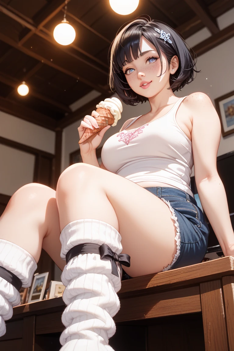 (full body), (((sitting cross-legged))), surrounded by teddy bears, happy, big smile with teeth, blushing, short bob, hugging her waist, strapless tube top, ((low rise shorts)), no shoes