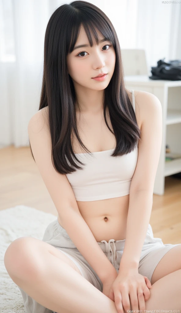 16k, ultra high res, best quality, high quality, masterpiece:1.3), (a professional photo of girl), RAW photo, realistic illustration, (ultra detailed eyes and face), (ultra detailed beautiful skin), (full body shot), elegant sleek smooth body, sultry body, perfect body, attractive body, photorealistic perfect body, Petite facial features, Super Detail Beautiful Natural Skin, natural makeup, (black hair), narrow waist, ((slender)), (wide hips), cleavage, (black hair), she is very sexy, she is cute and beautiful, skinny waist and thick hips, curvy figure, attractive body, curvy model, smile, (full body shot), ((slender)), sexy look, there is a woman sitting on a bed with her hands on her head, young sensual gravure idol, japanese model, young pretty gravure idol, young skinny gravure idol, young gravure idol, realistic young gravure idol, beautiful asian girl, japanese goddess, realistic sensual gravure idol, sophisticated gravure idol