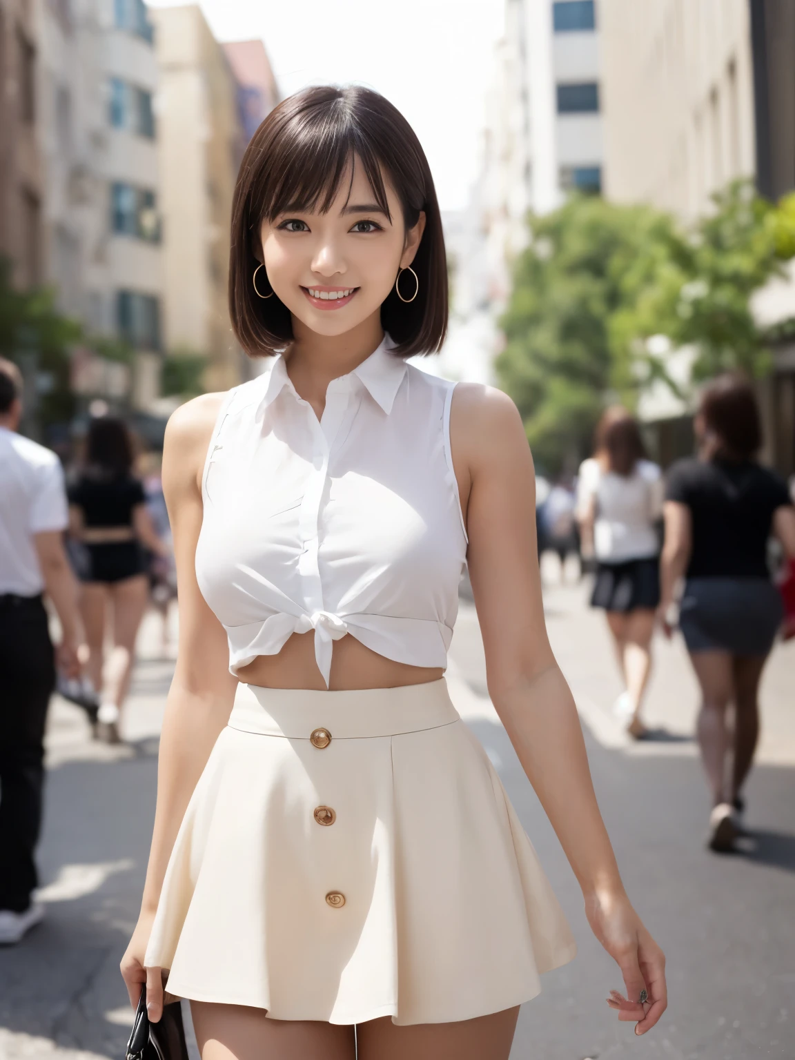 RAW Photos, highest quality, Realistic, Cute Japanese Girl, 女の子1 person, (とてもslim and slender fit muscular body:1.3), ((View Viewer)),(Big smile:1.3), (No people in the background:1.3), Beautiful earrings, Front shot, (Big eyes), (whole bodyショット), Small breasts,（masterpiece）、Healthy thighs、(Narrow waist)、Big Ass、（Beautiful legs）、((Perfectly detailed five-fingered hands)),（Anatomically correct body）、((1 female:1.4))、Japanese、Realistic Skin、（Small chest：1.4）、Bust size is C cup、Pretty woman with perfect figure:1.4,(from the front:1.5), (肌の質感のbeautyを高める:1.1), (Beautiful fine details), (Detailed face),Beautiful realistic face,No makeup、美しいBlack Hair、The best smile、Natural color lip、(Small Mouth:1.2)、(Oval Face)、Even bangs、Hide eyebrows with bangs、((29-year-old woman))、Bob Hair、Hair blowing in the wind, (Black Hair, Iris, Watery eyes, Shining Eyes, Bob cut hair, Small earrings,), Hair behind the ear、No makeup、(Drooping eyes)、Drooping eye corners、女の子1 person,whole body、(((1 personの素敵な女性)),((優しいBig smile)),(( Small breasts,Small breastsの谷間)),((((Plump Cheeks)))),((whole body：1.５))、(Narrow waist、Slender Body)、 Hair blowing in the wind,C-cup breasts with firmness、Even bangs:1.4、whole bodyショット、,(((Beautiful woman boasting toned hips and muscular buttocks))),((( Shapely big ass))),(A toned waist is best:1.4),Sleeveless、Open chest、すらっと伸びたthin脚、Long legs、platform、Sandals、clear、thin、slim、thinウエスト、beauty、Looking into the camera、Walking around the city、Cute Smile、Summer sunshine、Accentuate your breasts,(((Attractive woman wearing a white collared shirt and flared skirt in the city,1 person、))),Wearing a white blouse, Random body orientation,