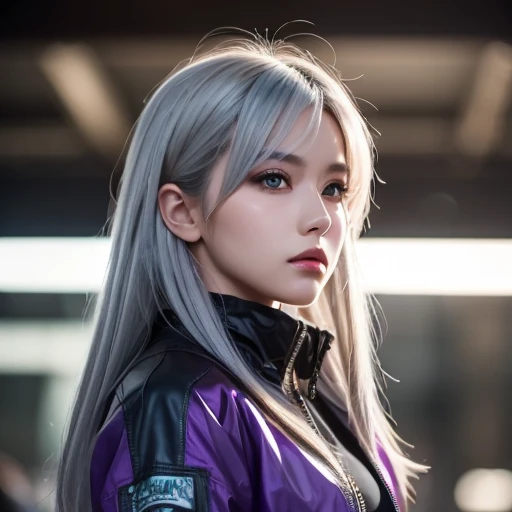  one girl , Gray Hair,  long hair,  Tech wear masterpiece ,  top quality,  realistic,  realistic, dark purple jacket,  portrait,   detailed eyes ,  cartoon of a cool man , Platinum Hair,  21 year old girl ,  Fashion Poses, Half Body,  wide shot from the side of the con,  from ,  Cyberpunk