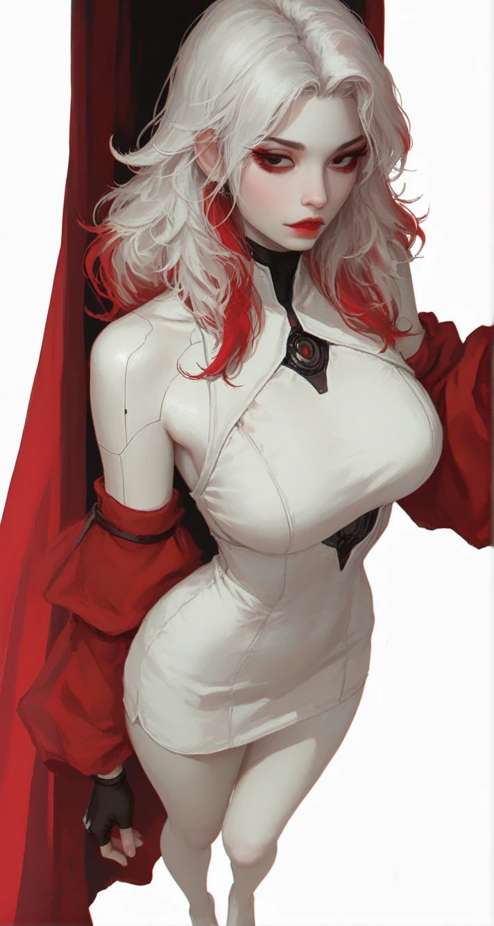 a woman with long voluminous white hair, short hair , red sexy suit , pouty lips, tongue out, great expression