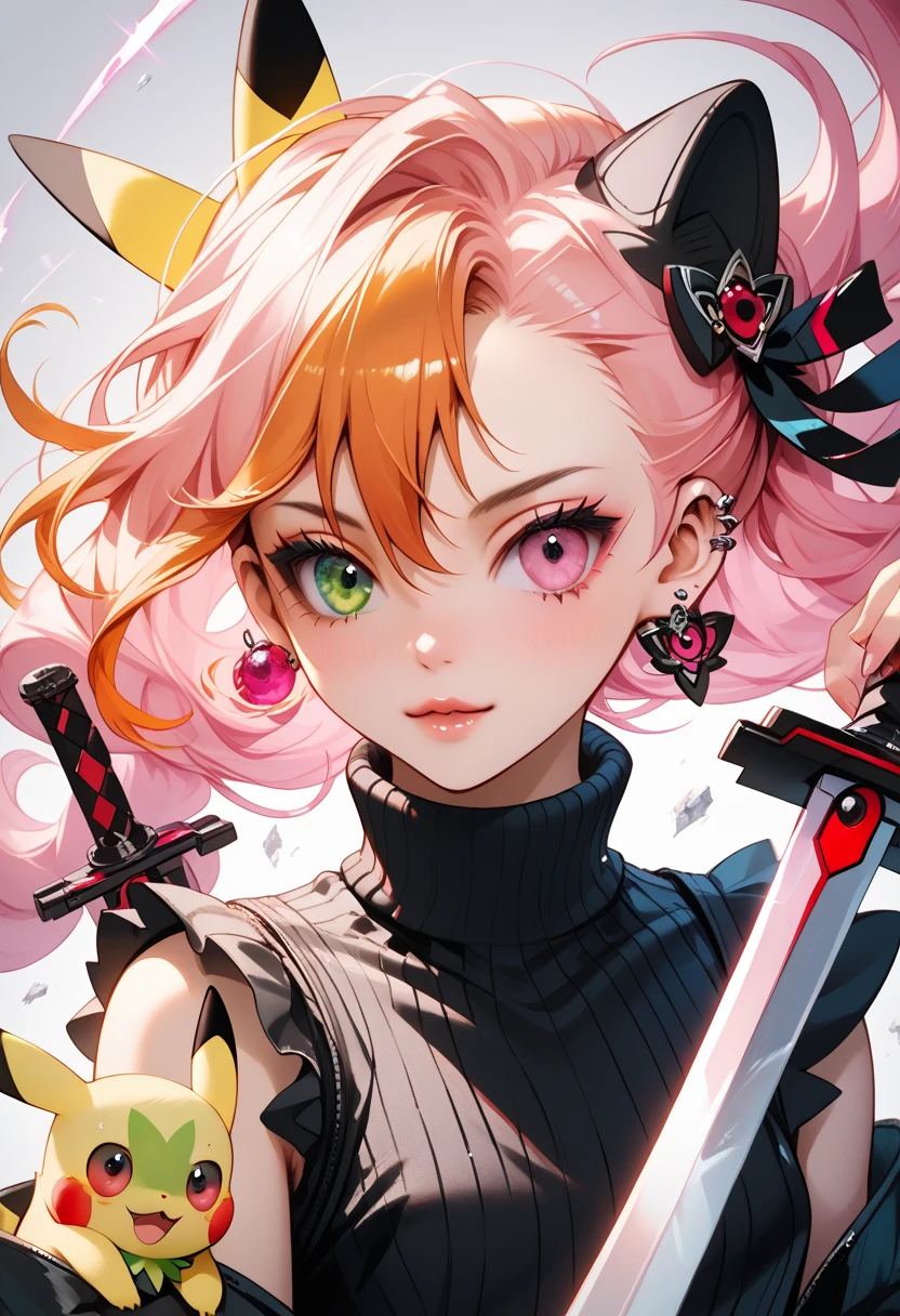 (masterpiece, best quality:1.2), (absurdres, highres, ultra-detailed), (perfect ) ,
close-up face,
1 Japanese girl,beautiful girl,22yo,beautiful eyes00 , (heterochromia, green eyes ,blue eyes), 
half updo,
((multicolored hair , pink hair, orange hair, red hair)), shiny hair , ear piercing,nevel piercing,
wearing (black turtleneck sleeveless sweater,
 sleeves,
Shiny glossy black plastic short pants,
Shiny glossy black plastic knee-high boots),
zettai ryouiki, very long eyelashes,thin lips,
((dual wielding, holding big wide sword)),
(slash,attack,aerial battle,dynamic Action),
future,cyber mechanical City,
with ((Pokémon Pikachu) and (Pokémon Sprigatito)) ,rating: general, newest,
detailed face and eyes,intricate detail ,masterpiece ,sharp focus, high quality,BREAK,
