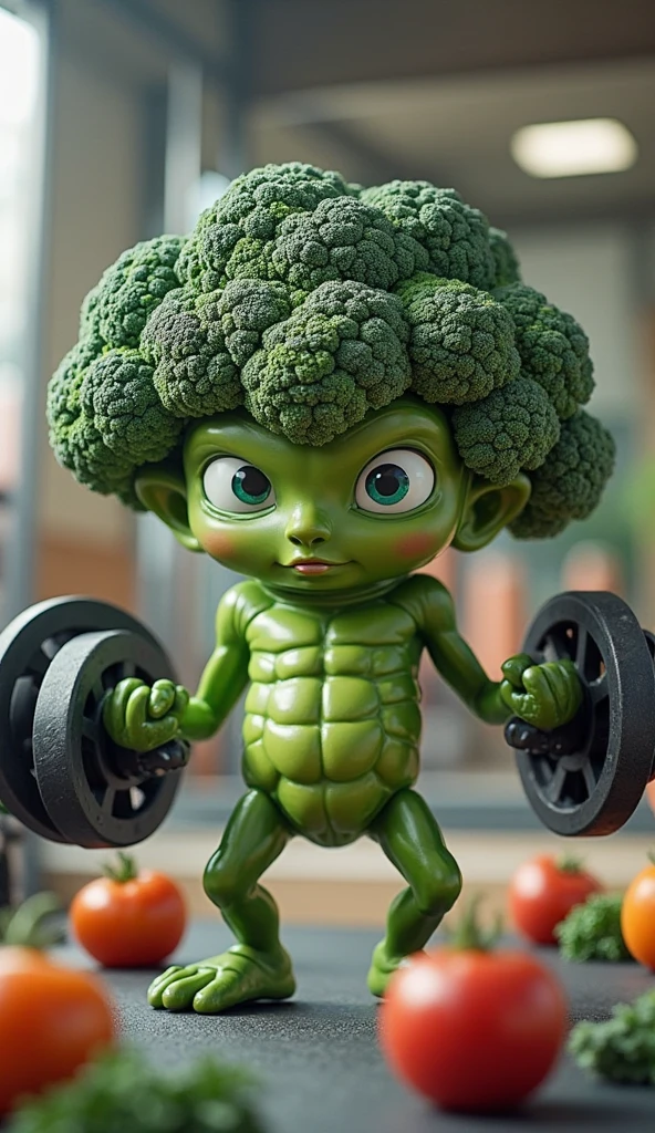 white background with a 3d muscular chibi broccoli in gym clothes facing the screen