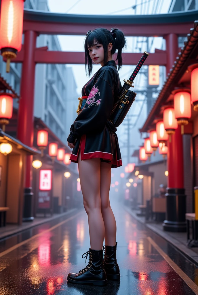 Medium full-body shot, slightly low-angle to capture dramatic presence in neon-lit street  
A Japanese girl standing confidently in the middle of a wet, neon-lit traditional street beneath glowing lanterns and towering torii gates. She wears a modernized kimono-style outfit — short-sleeved with layered textures, neon trim, and cyberpunk elements like digital embroidery, glowing obi, and metallic accessories. Her black hair is tied into twin tails with LED-lit hairpieces, and she carries a sheathed futuristic katana on her back. Her boots are armored and sleek, and her pose is calm and composed, slightly turning her head with a subtle, sharp gaze.  
Photorealistic digital art  
Ultra-high resolution, realistic skin and fabric textures, light reflection on wet pavement, soft ambient rain effect  
Inspired by Ghost in the Shell, Neo-Tokyo fashion, traditional x sci-fi fusion designs  
Background: glowing red signage, wires crisscrossing above, fog rolling in the distance, torii gate framing the central walkway, street stalls glowing in orange and pink light  
Main color theme: black, crimson red, neon blue, with gold accents  
Soft light from lanterns and street signs reflecting off metallic elements and the wet ground, subtle rim light on the girl’s silhouette  
Photorealistic, ultra detailed, cinematic sci-fi neo-Japan, HDR rendering, best image:1.5
