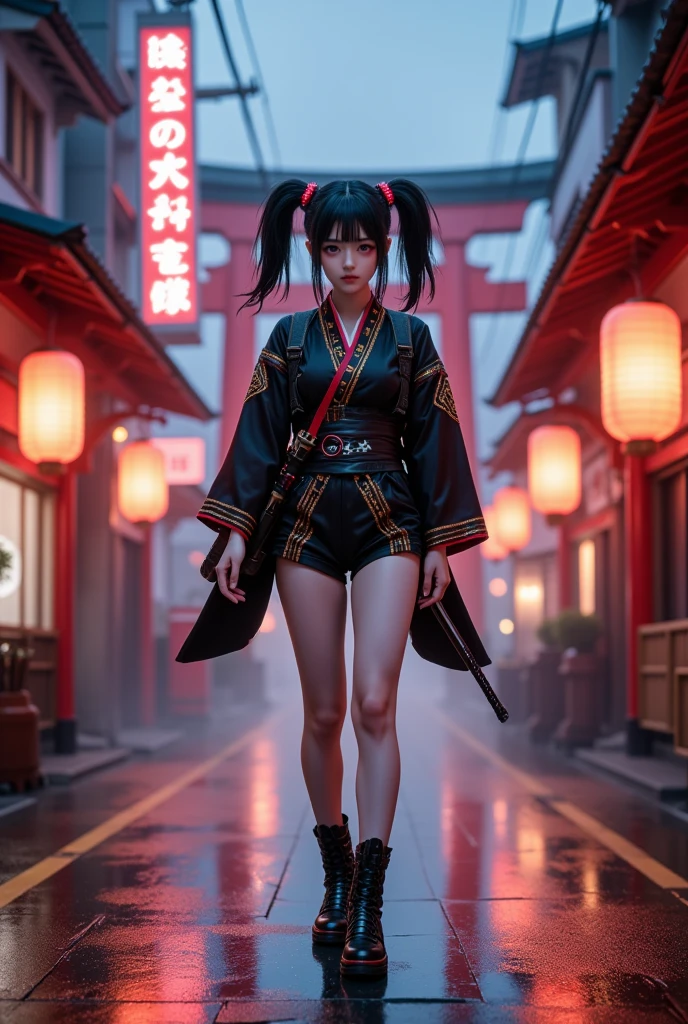 Medium full-body shot, slightly low-angle to capture dramatic presence in neon-lit street  
A Japanese girl standing confidently in the middle of a wet, neon-lit traditional street beneath glowing lanterns and towering torii gates. She wears a modernized kimono-style outfit — short-sleeved with layered textures, neon trim, and cyberpunk elements like digital embroidery, glowing obi, and metallic accessories. Her black hair is tied into twin tails with LED-lit hairpieces, and she carries a sheathed futuristic katana on her back. Her boots are armored and sleek, and her pose is calm and composed, slightly turning her head with a subtle, sharp gaze.  
Photorealistic digital art  
Ultra-high resolution, realistic skin and fabric textures, light reflection on wet pavement, soft ambient rain effect  
Inspired by Ghost in the Shell, Neo-Tokyo fashion, traditional x sci-fi fusion designs  
Background: glowing red signage, wires crisscrossing above, fog rolling in the distance, torii gate framing the central walkway, street stalls glowing in orange and pink light  
Main color theme: black, crimson red, neon blue, with gold accents  
Soft light from lanterns and street signs reflecting off metallic elements and the wet ground, subtle rim light on the girl’s silhouette  
Photorealistic, ultra detailed, cinematic sci-fi neo-Japan, HDR rendering, best image:1.5