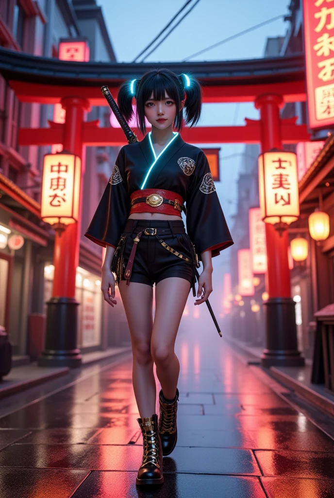 Medium full-body shot, slightly low-angle to capture dramatic presence in neon-lit street  
A Japanese girl standing confidently in the middle of a wet, neon-lit traditional street beneath glowing lanterns and towering torii gates. She wears a modernized kimono-style outfit — short-sleeved with layered textures, neon trim, and cyberpunk elements like digital embroidery, glowing obi, and metallic accessories. Her black hair is tied into twin tails with LED-lit hairpieces, and she carries a sheathed futuristic katana on her back. Her boots are armored and sleek, and her pose is calm and composed, slightly turning her head with a subtle, sharp gaze.  
Photorealistic digital art  
Ultra-high resolution, realistic skin and fabric textures, light reflection on wet pavement, soft ambient rain effect  
Inspired by Ghost in the Shell, Neo-Tokyo fashion, traditional x sci-fi fusion designs  
Background: glowing red signage, wires crisscrossing above, fog rolling in the distance, torii gate framing the central walkway, street stalls glowing in orange and pink light  
Main color theme: black, crimson red, neon blue, with gold accents  
Soft light from lanterns and street signs reflecting off metallic elements and the wet ground, subtle rim light on the girl’s silhouette  
Photorealistic, ultra detailed, cinematic sci-fi neo-Japan, HDR rendering, best image:1.5