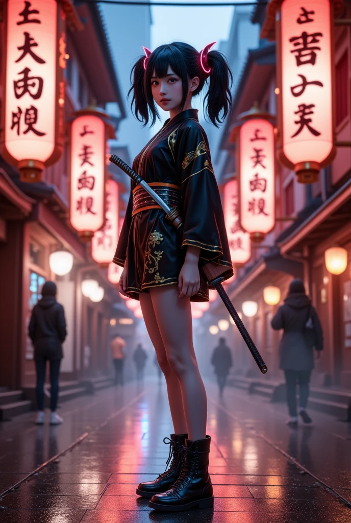 Medium full-body shot, slightly low-angle to capture dramatic presence in neon-lit street  
A Japanese girl standing confidently in the middle of a wet, neon-lit traditional street beneath glowing lanterns and towering torii gates. She wears a modernized kimono-style outfit — short-sleeved with layered textures, neon trim, and cyberpunk elements like digital embroidery, glowing obi, and metallic accessories. Her black hair is tied into twin tails with LED-lit hairpieces, and she carries a sheathed futuristic katana on her back. Her boots are armored and sleek, and her pose is calm and composed, slightly turning her head with a subtle, sharp gaze.  
Photorealistic digital art  
Ultra-high resolution, realistic skin and fabric textures, light reflection on wet pavement, soft ambient rain effect  
Inspired by Ghost in the Shell, Neo-Tokyo fashion, traditional x sci-fi fusion designs  
Background: glowing red signage, wires crisscrossing above, fog rolling in the distance, torii gate framing the central walkway, street stalls glowing in orange and pink light  
Main color theme: black, crimson red, neon blue, with gold accents  
Soft light from lanterns and street signs reflecting off metallic elements and the wet ground, subtle rim light on the girl’s silhouette  
Photorealistic, ultra detailed, cinematic sci-fi neo-Japan, HDR rendering, best image:1.5