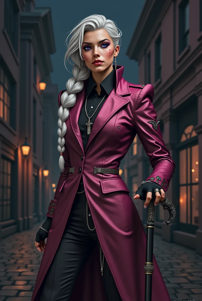 [comic book style] [thick lines] [GTA style drawing] Ariel is a thin man, with fine  features and intense violet eyes makeup, man always wearing heavy makeup — even in everyday situations. The hair is long, dyed in silver white, and tied in braids that fall to the waist. She wears extravagant colorful tailoring clothes, mixing Victorian styles with cyberpunk touches: ombreiras, chain belts, fingerless gloves, always with a decorative cane that doesn't have to be, But she loves to show off. Her smell is unmistakable: a mix of incense and sweet perfume. In a mystical house