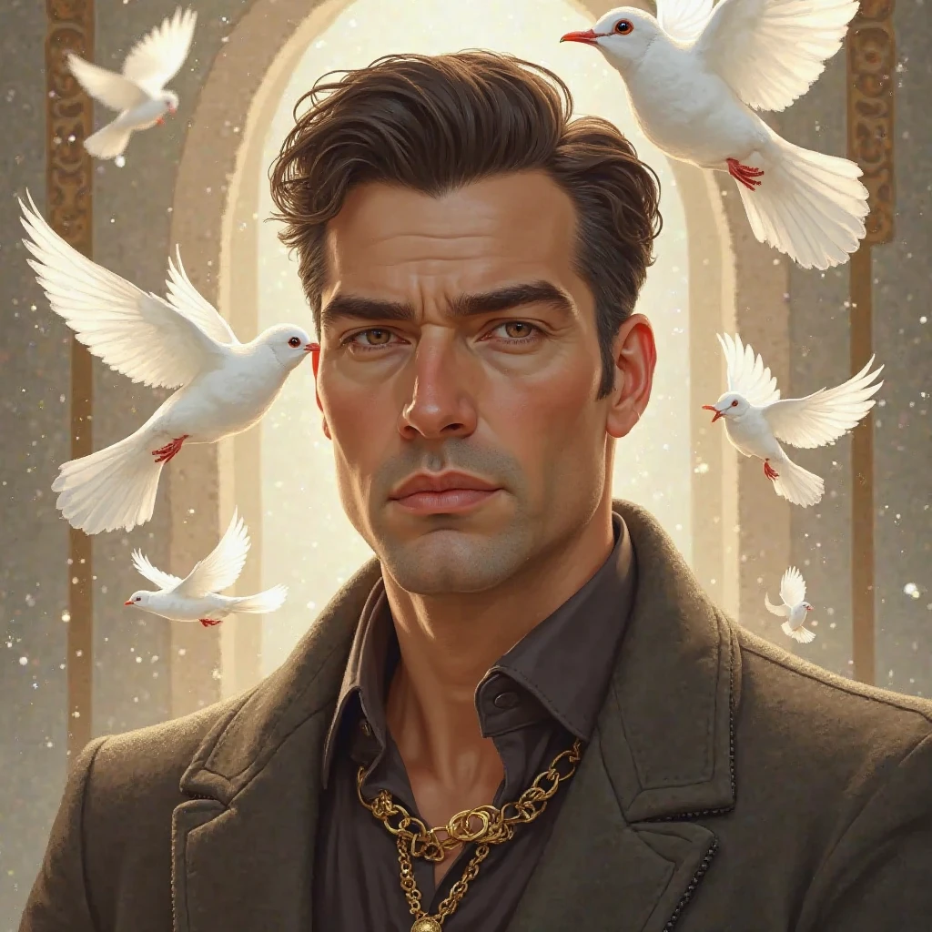 Homme dans la trentaine, dark brown hair, yeux brun, gold accessories, Doves behind 