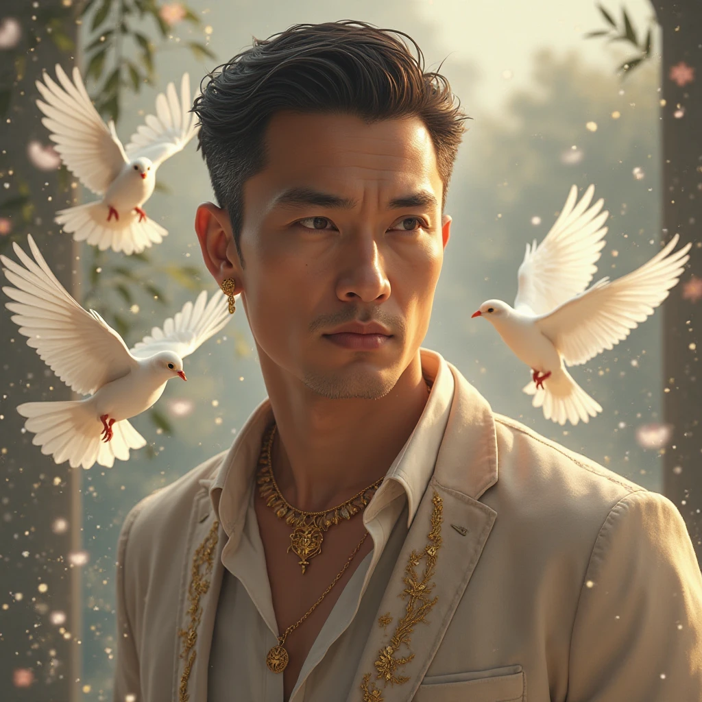 Homme dans la trentaine, dark brown hair, yeux brun, gold accessories, Doves behind 