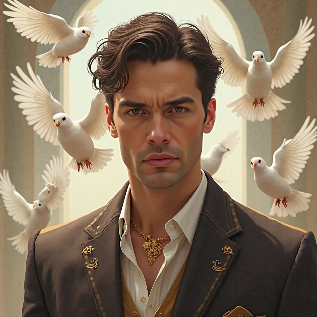Homme dans la trentaine, dark brown hair, yeux brun, gold accessories, Doves behind 