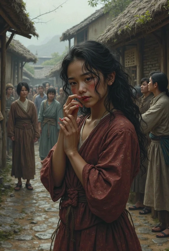 Amara wiping tears. Gossiping villagers in the background. A man walking away.

