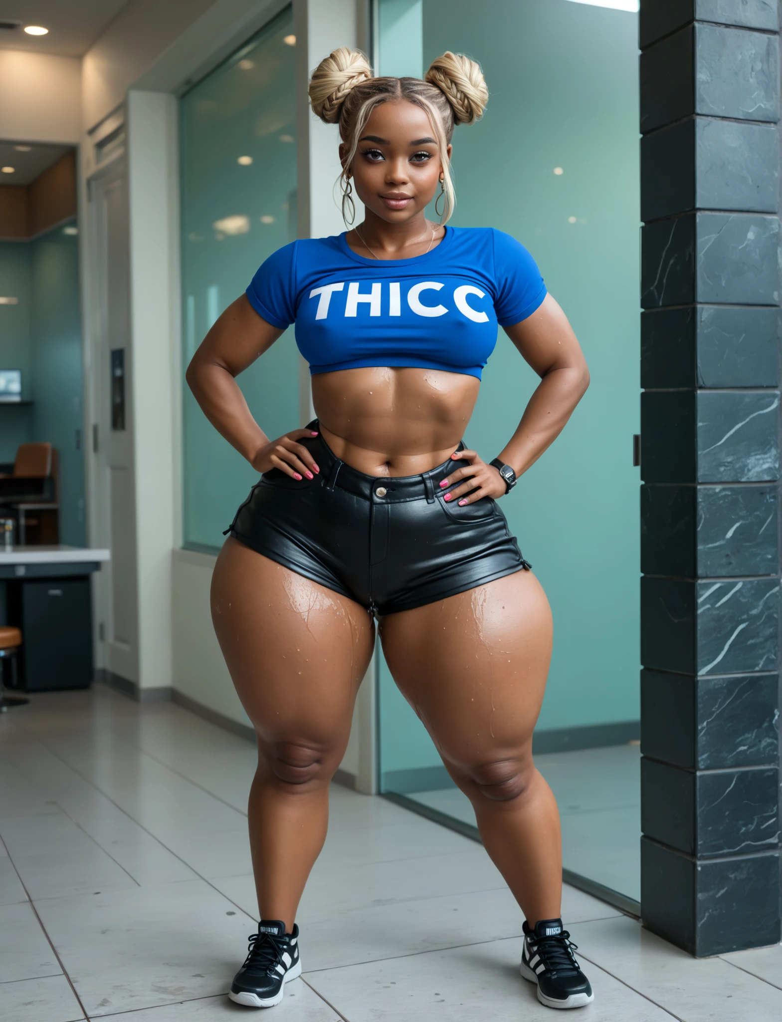 ((Best quality)), ((masterpiece)), (detailed: 1.4), 3D, an image of a beautiful cyberpunk female with very muscular body, HDR (High Dynamic Range), Ray Tracing, NVIDIA RTX, Super-Resolution, Unreal 5, Subsurface Scattering, PBR Texturing, Post-processing, Anisotropic filtering, Depth of field, Maximum clarity and sharpness, Multilayer textures, Albedo and specular maps, Surface shading, Accurate simulation of light-material interaction, Perfect Proportions, Octane Render, Two-Tone Lighting, Wide Aperture, Low ISO, White Balance, Rule of Thirds, 8K RAW, CircuitBoardAI, Real Photo of a Single Realistic Latina Woman, Just One Realistic Woman, Mexican Realistic, Realistic Symmetrical Physique, Realistic Brown Skin, Sweaty Skin Relist, Sweat On Realistic Body, 24 Year Old Youth, Realistic Set Body, Realistic Fit Curves, full body, back pose, realistic back, realistic rear view, gym body, body with ultra realistic symmetrical definition, body with realistic symmetrical proportions, realistic body definition, realistic white and black clothing colors, realistic body curves, realistic beautiful belly, turned legs, defined legs, tabby legs, legs with definition muscles, defined soft muscles, realistic beautiful ass set, realistic photo, realistic details, realistic face, beautiful face with real details, very curly ultra realistic hair, realistic medium afro curly hair, brown hair, realistic hair defined curls, ultra detailed curly hair, green eyes in with realistic definition, realistic look, real detail look, ultra detailed, seductive smile, beautiful smile, sweet smile realistic definition, a woman in tight dug panties posing, realistic fit model, realistic model pose, set body, flying sky relist, realistic superheroine, ultra realistic sky and sunshine, realistic sun, realistic flying power, 4k, realistic little outfit, fi activity