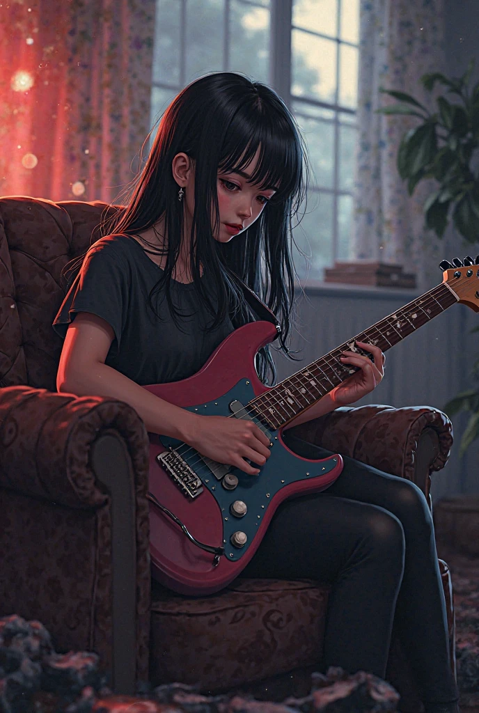 Sozinho, garota, anime style, playing an electric guitar, Rock band, long black hair,  brown eyes, estilo rock, sitting in an armchair.
