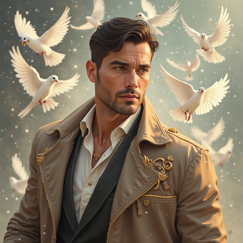 Homme dans la trentaine, dark brown hair, yeux brun, gold accessories, Doves behind 