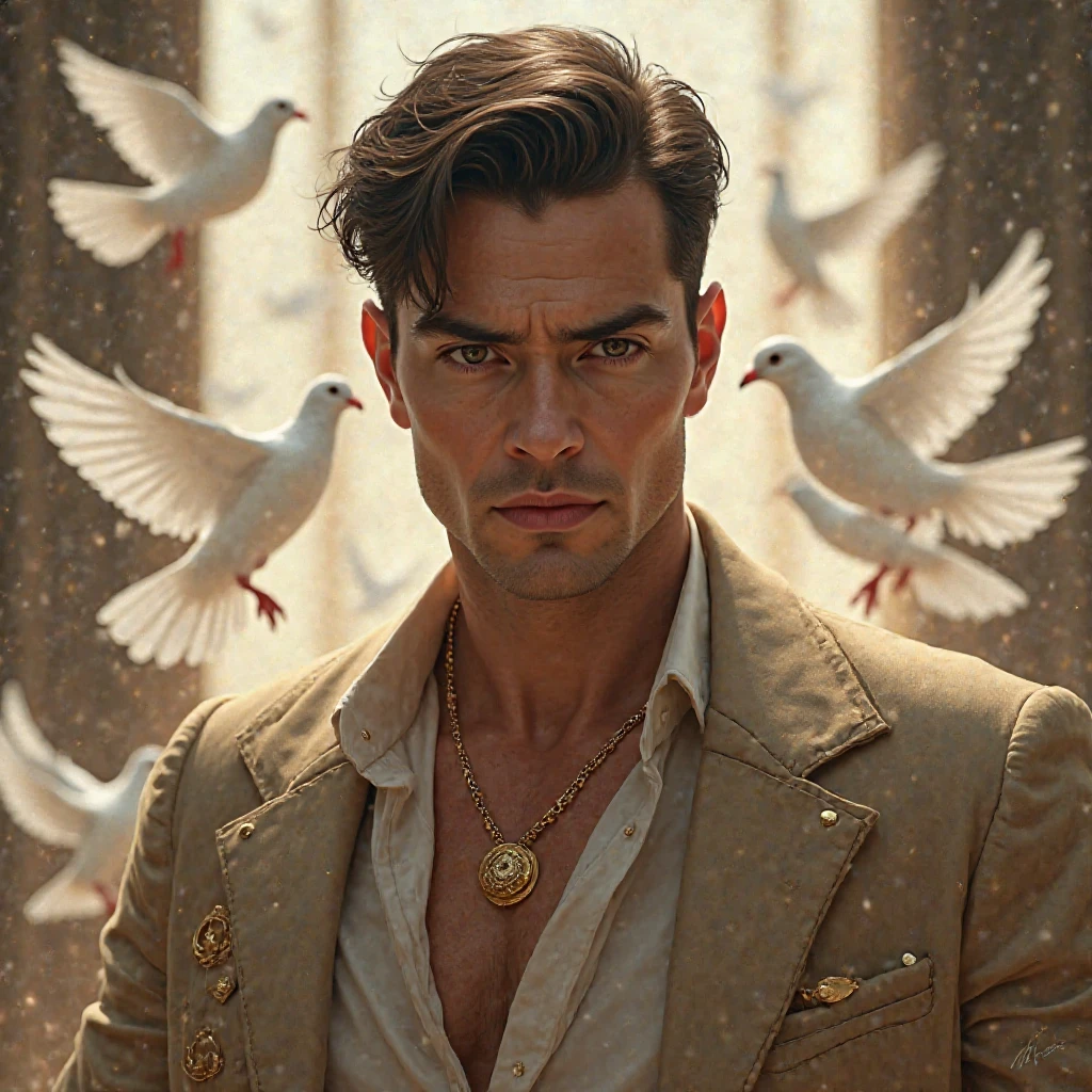 Homme dans la trentaine, dark brown hair, yeux brun, gold accessories, Doves behind 