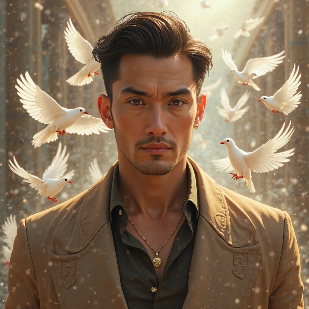 Homme dans la trentaine, dark brown hair, yeux brun, gold accessories, Doves behind 