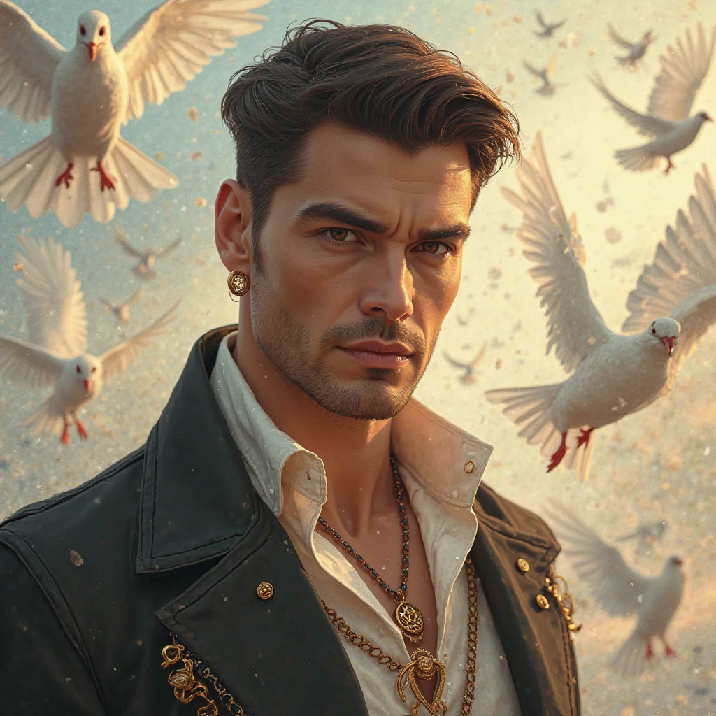 Homme dans la trentaine, dark brown hair, yeux brun, gold accessories, Doves behind 