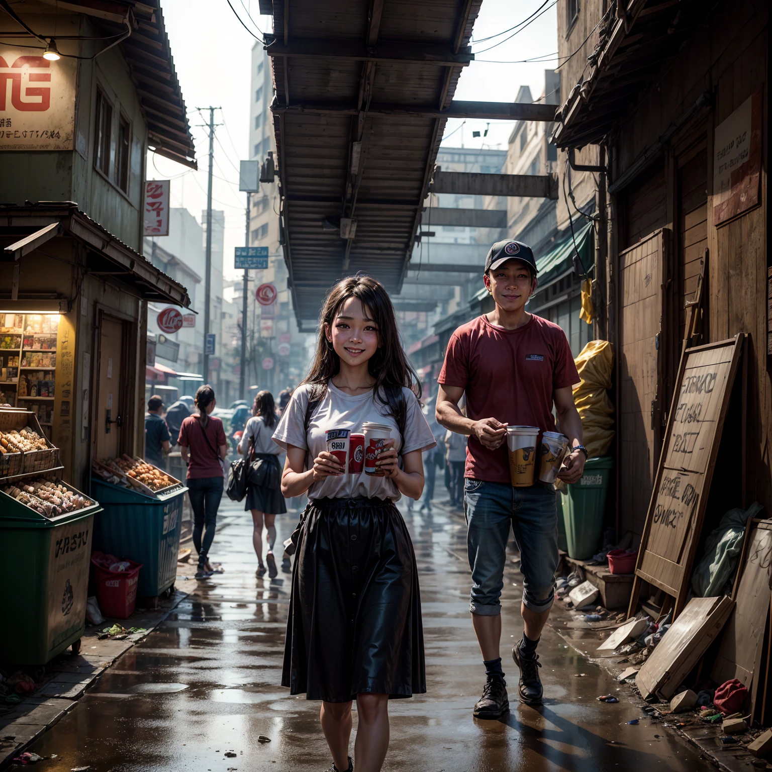 (( masterpiece 、 top quality 、 Official Art 、 Unity 8  ｋ wallpaper))、 (((workers on the way home from work、standing bar that stands out:1.6、Poor girl 、Detailed Faces、smile)))、( Unsanitary Poverty Alley、  poor environment、Dim Shopping Mall、People Eating and Drinking、On-the-road sales、 rusty vending machine、 Showa Retro:1.2)、(dirty、Bulky trash、Stairs to the basement、Mysterious Underpass )